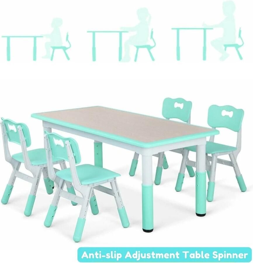 Rechthoek Multi-Activiteiten Tafel Set 4 Chair 120x60cm- Kindertafel met 4 Stoelen in Hoogte Verstelbaar 48-60 cm Groeit deze Tafel & Stoel met uw Kind mee 2-10 jaar GROEN die elke Ruimte Opfleurt- Stevig & Duurzaam Ontwerp Speelkamer Kinderkamer