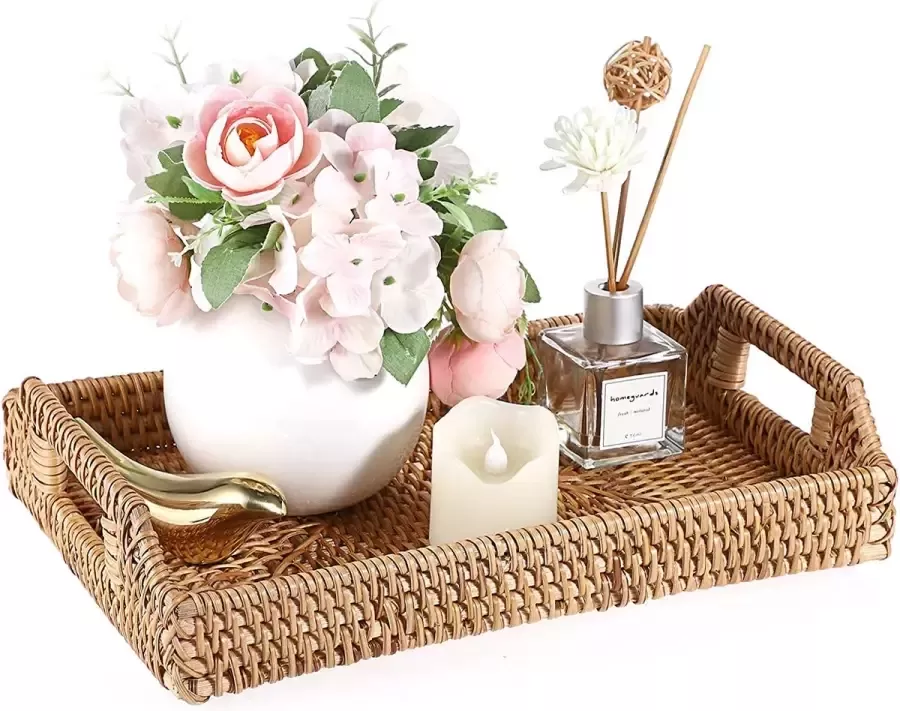 Rechthoek Rotan Geweven Dienblad Decoratieve Display Lade Opslag Platters met Handvat Tafel Desktop Organizer Tray voor koffer Drankje Ontbijt Thee Kaars
