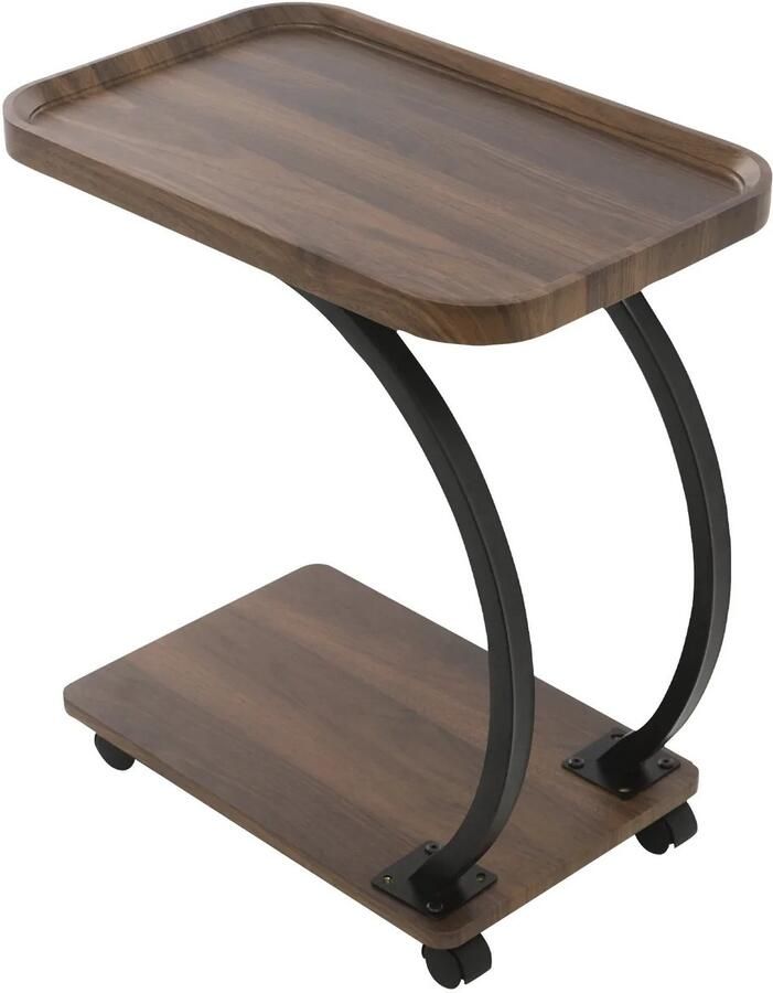 Livetastic Bijzettafel Rechthoekig Blad C-vormig 52 × 34 × 60 cm Met Wielen 2 Niveaus Walnootkleur Woonkamer Slaapkamer