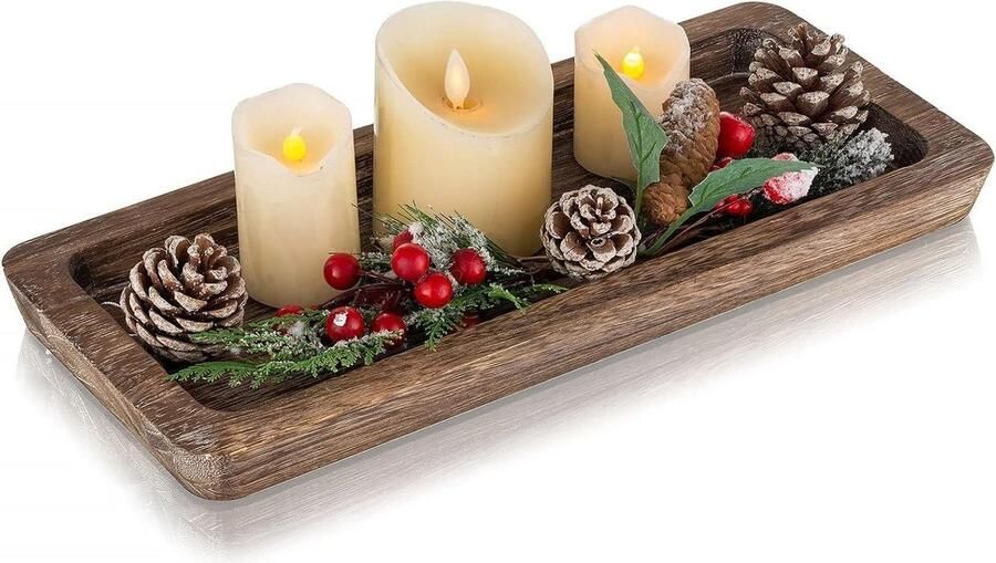 Allecto Plus Rechthoekig Houten Dienblad Decoratie 40 cm x 17 cm Landhuis Rustieke Tafeldecoratie Salontafel Kaarsenbord Woonkamer Kerst Houten Dienblad Met Kaarsendienblad - Foto 2