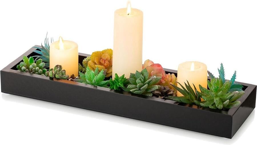 Rechthoekig lang smal dienblad zwart decoratief kaarsenhouder middelpunt decor geen handvat eettafel koffiebar woonkamer woondecoratie wooden tray