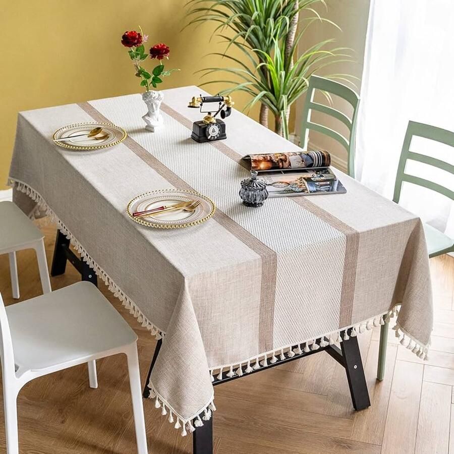 Rechthoekig tafelkleed voor buiten vuilafstotend Z-bruin Strepen katoen linnen
