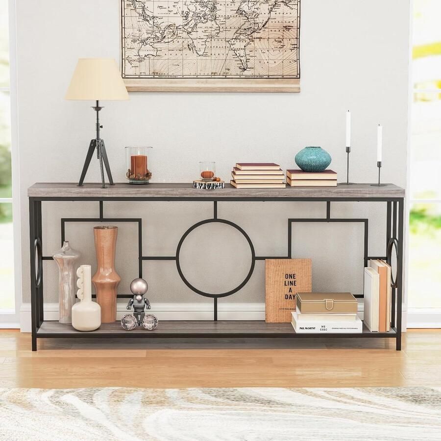 “Rechthoekige Consoletafel – Smalle Entreetafel met 2 Niveaus Opbergplanken en Rustiek Bruin Zwart Metalen Frame”