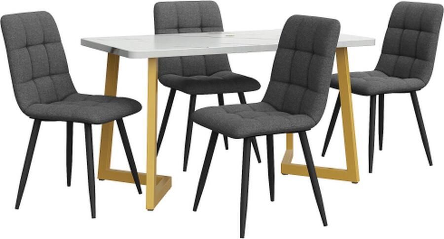 Zonder merk Gotagee Rechthoekige Eettafel met 4 stoelen set Donkergrijs Linnen Eetkamerstoel Keukentafel set Gouden tafelpoten