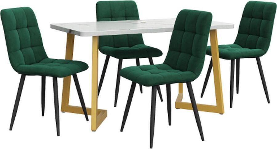 Zonder merk Gotagee Rechthoekige eettafel met 4 stoelen set Donkergroen Fluweel Eetkamerstoel Keukentafel set Gouden tafelpoten