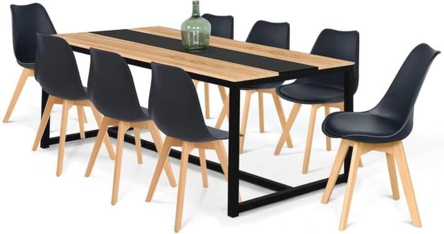 Rechthoekige eettafel voor 8 personen met zwart middenband industrieel design 180 cm