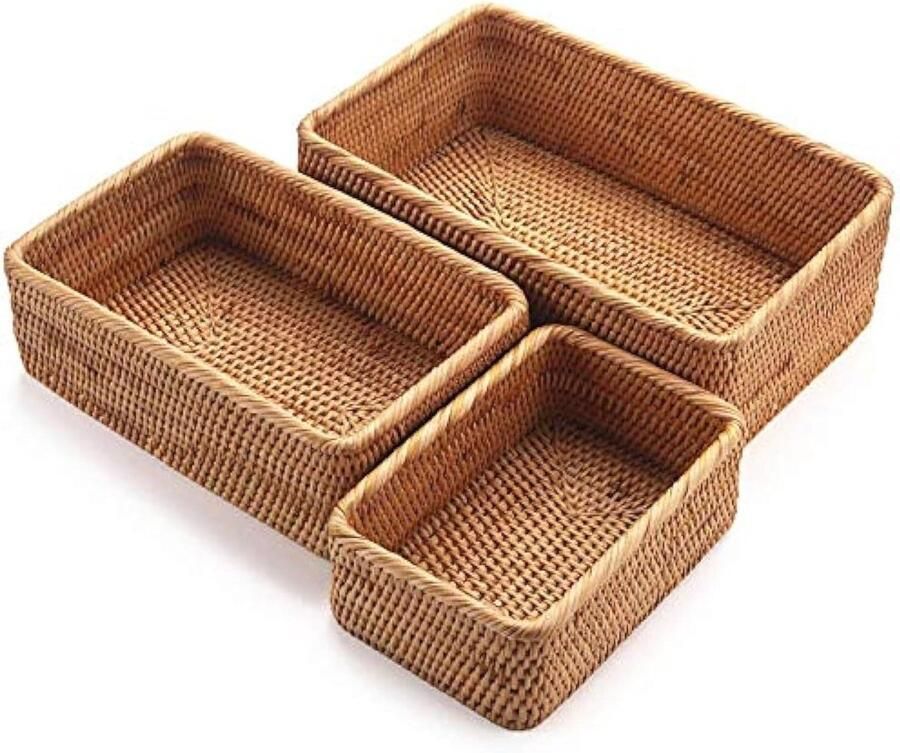 Rechthoekige geweven fruitmanden van natuurlijk rotan Set van 3