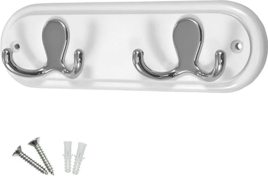 Rechthoekige kapstok met 2 chroomhaken op een witte houten plank