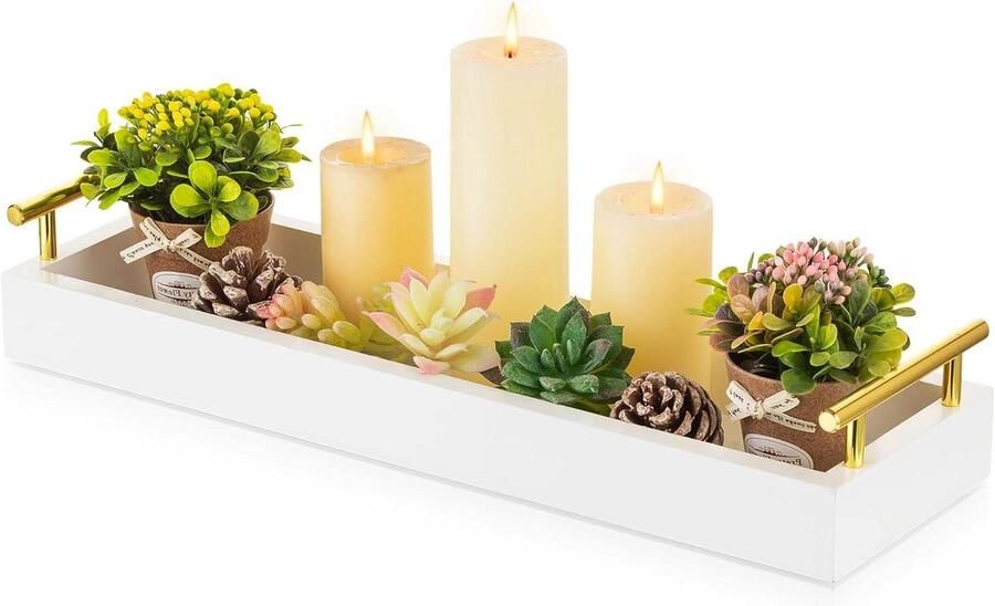 Rechthoekige lange smalle lade witte decoratieve dienbladen voor woondecoratie kandelaar trays middelpunt lade met gouden handgrepen voor eettafel koffiebar woonkamer wooden tray