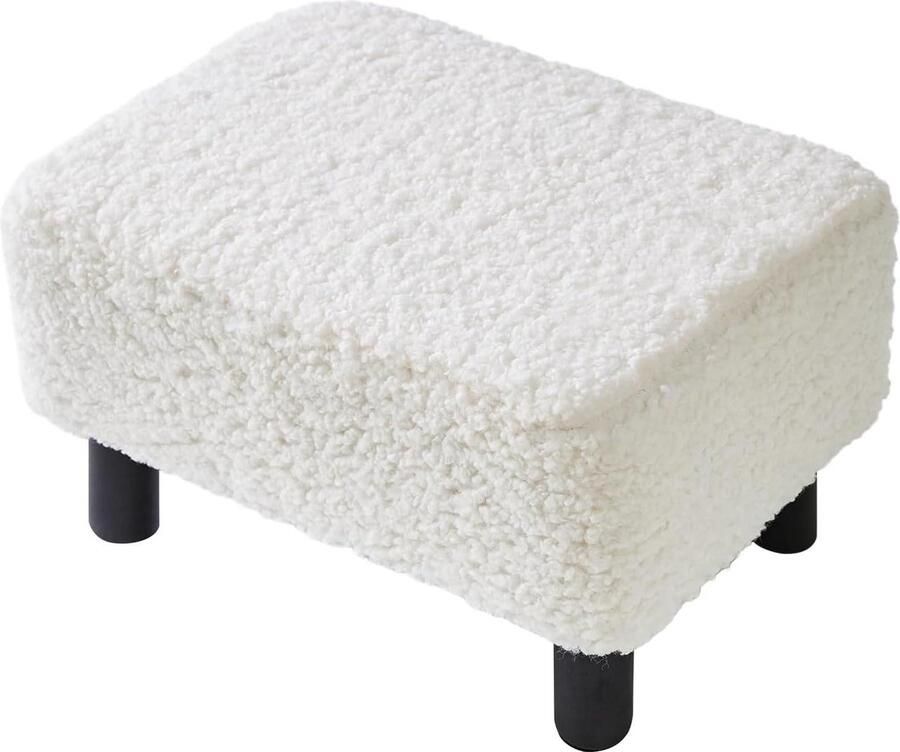 Rechthoekige Ottomaanse voetenbank met stabiele houten poten Modern teddyfleece materiaal Verander schoenenkruk voor woonkamer Slaapkamer 42 × 29 × 24 cm Wit RF-BD216