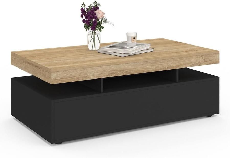 Rechthoekige Salontafel – 2 Laden Zwart Houten Blad met Beukenlook Dienblad Stijlvol en Functioneel voor Woonkamer of Zithoek