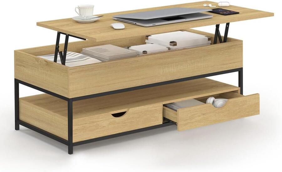 Rechthoekige Salontafel – Hefblad met 2 Laden Industrieel Design Stijlvol en Functioneel voor Woonkamer of Zithoek