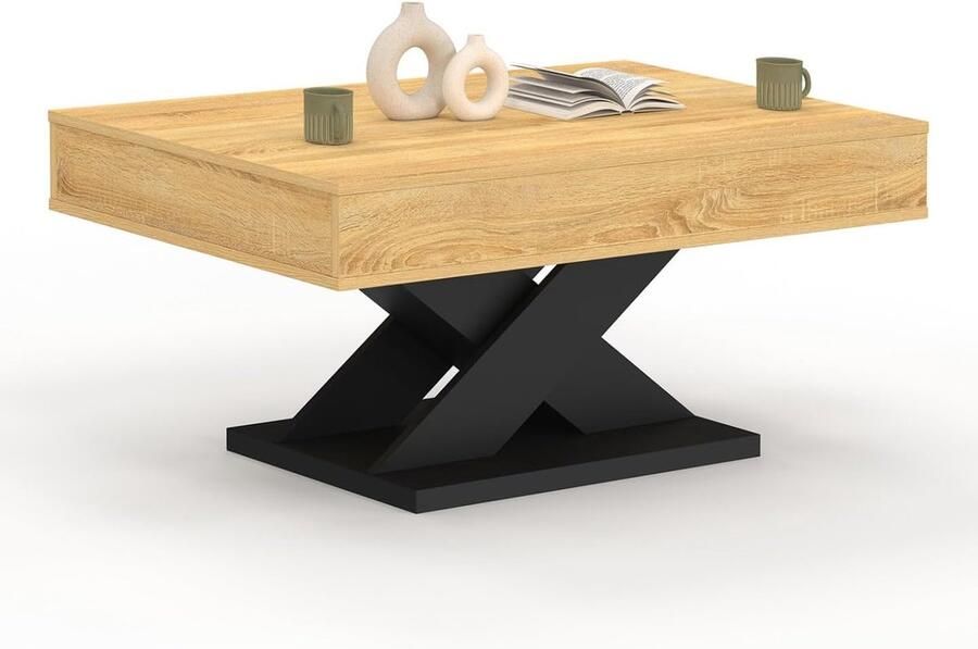 Rechthoekige Salontafel – Houten Blad met Zwart Stalen Onderstel Stijlvol en Functioneel voor Woonkamer of Zithoek