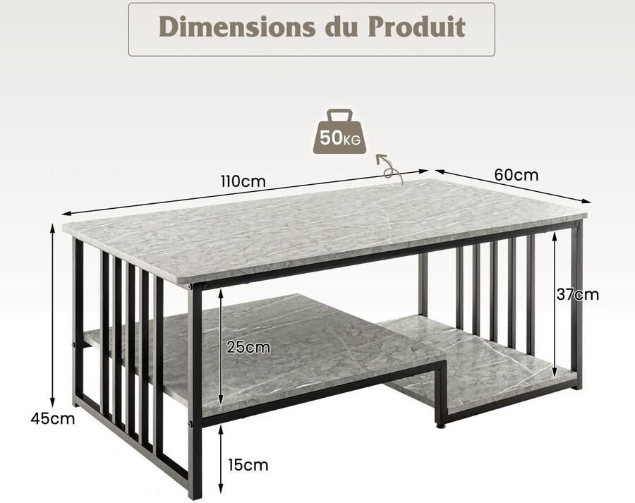 Rechthoekige salontafel – Imitatiemarmer blad 2 lagen met open opbergplank en grijs metalen frame