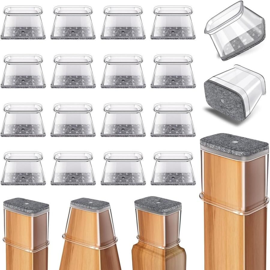 Rechthoekige stoelpootbeschermers 24 stuks transparante siliconen stoelpootbeschermers (met vilt) verminderen geluid voorkomen krassen (past op diameter 19-26 mm)