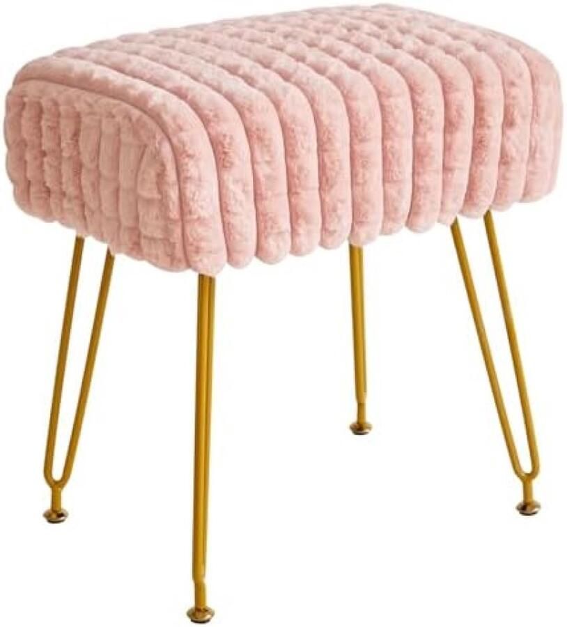 Rechthoekige voetensteun kruk Ottomaanse make-up ijdelheid kruk bijzettafel Fluwelen kaptafel stoel Poef bank kruk Gouden stalen poten Vierkant raster patroon Roze WBD003P