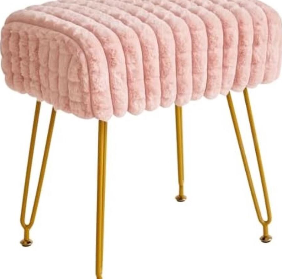 Rechthoekige voetensteun kruk Ottomaanse make-up ijdelheid kruk bijzettafel Fluwelen kaptafel stoel Poef bank kruk Gouden stalen poten Vierkant raster patroon Roze