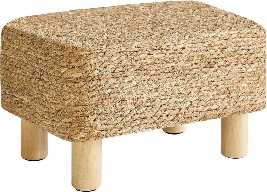 Rechthoekige voetensteun natuurlijk zeegras voetenbank met houten poten handgeweven multifunctioneel zitkussen voetenbank bijzettafel voor woonkamer slaapkamer 42 x 30 x 26 cm