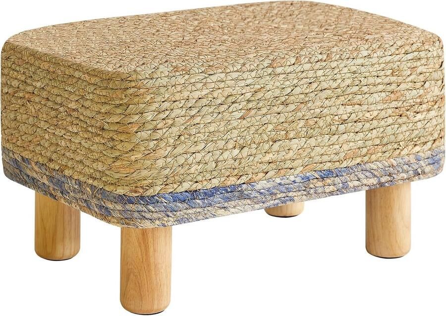 Rechthoekige voetensteun natuurlijk zeegras voetenbank met houten poten handgeweven multifunctioneel modern zitkussen voetenbank bijzettafel voor woonkamer slaapkamer 42 x 30 x 26