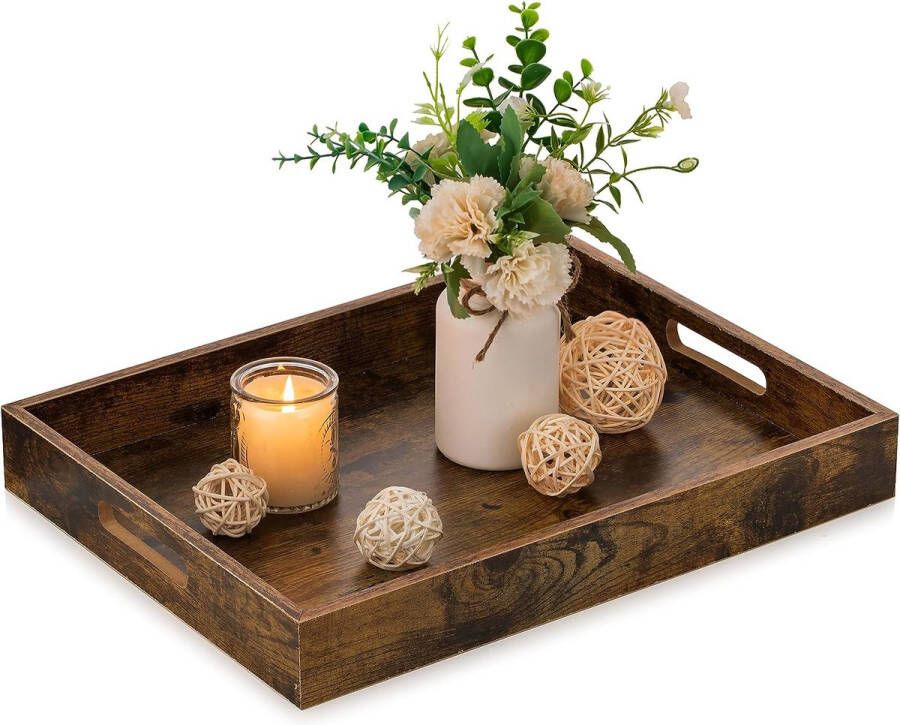 Rectangular Decorative Wooden Tray: Rustic Brown Rectangular Trays Decor with Cut-Out Handles for Coffee Table Ottoman Living Room Kitchen Home Decor Large