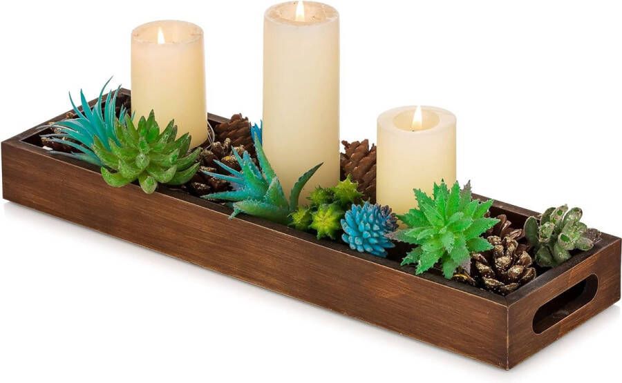 Rectangular Long Narrow Tray: Rustic Wooden Decorative Tray Trays Decor Rectangle with Cut Out Handles Candle Holder Trays for Home Coffee Table Living Room Bathroom Brown