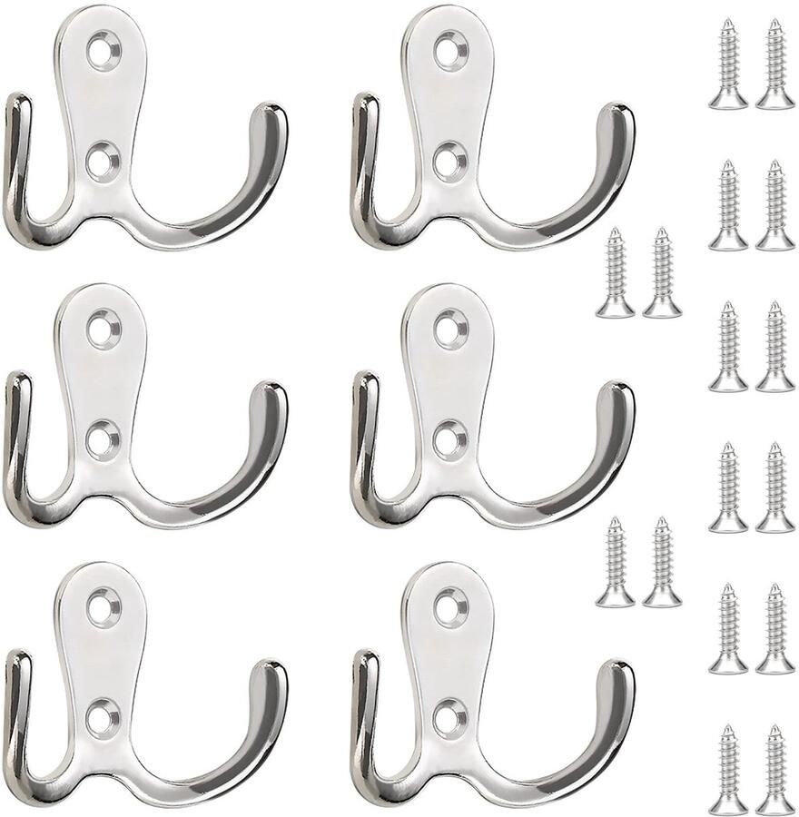 Redamancy dubbele kapstokhaken 6 stuks zilveren kapstokhaken met 16 schroeven vintage kapstokhaken voor badkamer slaapkamer tuin garderobekast