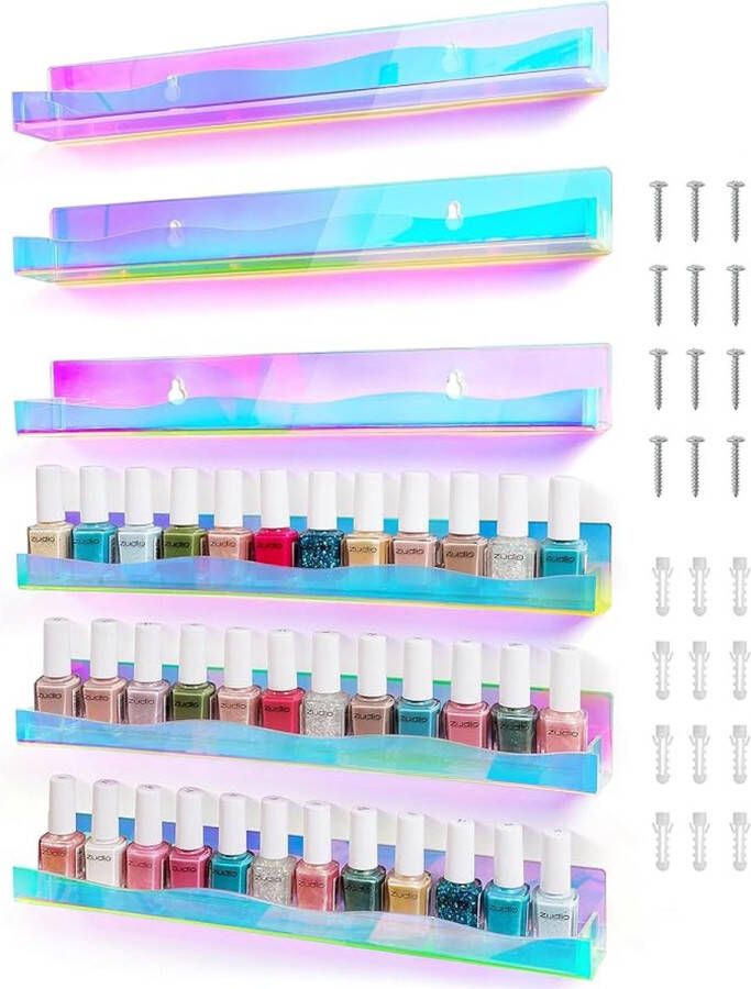 Regenboog Iriserende Nagellak Rekken [6 Pak] Muur Gemonteerde Acryl Planken voor Manicure Pedicure Nagel Materialen Essentiële Olies Zonnebrillen Toys 38 x 4 5 x 5 cm