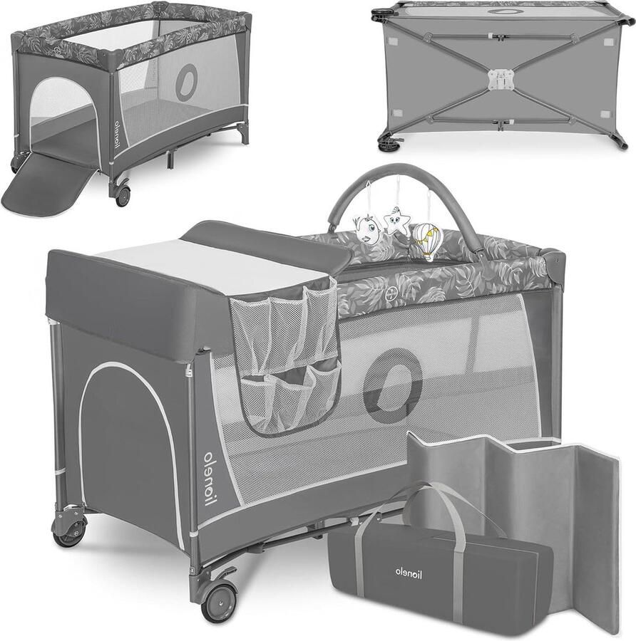 Reisbed 2 in 1 met bloemenprint 65 x 125 x 76 cm Matras organiser verschoonopzet Voor kinderen tot 15 kg Speelgoedbeugel interactief speelgoed 2 wielen Compact Draagtas Kinderbed