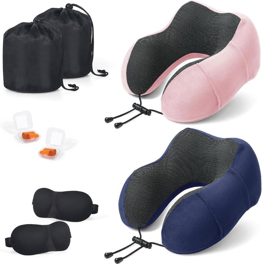 Reiskussen set met 2 nekkussens van traagschuim perfect voor onderweg inclusief slaapmasker en draagtas