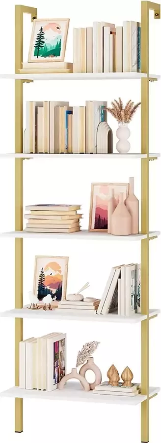 Rek boekenkast ladderrek met 5 planken wandrek keukenrek bloemenrek plantenrek opslag voor boeken decoratie woonkamer kantoor slaapkamer wit en goud 60 x 35 x 184 5 cm