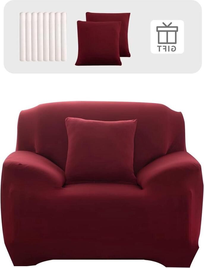 Rekbare Bankhoes 1-zits Universeel en Antislip 2 Kussenslopen Wijnrood