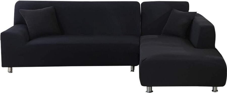 Rekbare bankovertrek voor L-vormige hoekbank polyester zwart inclusief 2 kussenslopen hoekbank overtrek