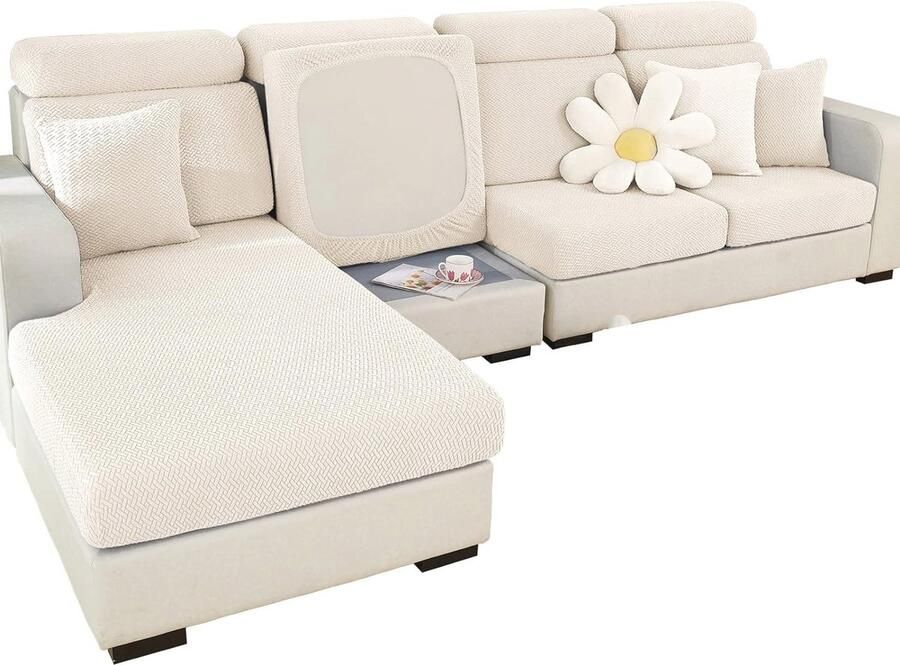 Rekbare L-vorm Bankhoes voor Hoekbank Slijtvaste Antislip Hoes voor 3 Zits Bank Ideaal voor Kinderen en Huisdieren Wit