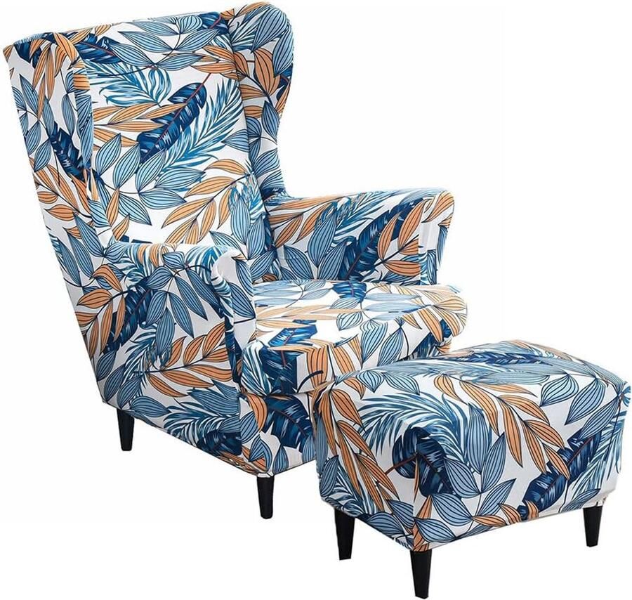 2-delige Wingback stoelhoes met Ottomaanse hoes rekbare hoes voor vleugelstoel wasbare spandex stof meubelbeschermer voor fauteuil stoelen blauw