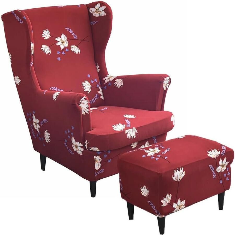 Rekbare Vleugelstoelhoezen 2-delig Wasbare Meubelbeschermer voor Fauteuil en Poef Ademend en Slijtvast Perfect voor Woonkamer Slaapkamer en Hotel