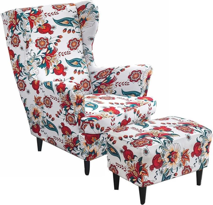 Rekbare Wingback Stoelhoezen 2-delig met Ottomaanse Hoes Wasbare Spandex Meubelbeschermer voor Fauteuils en Stoelen