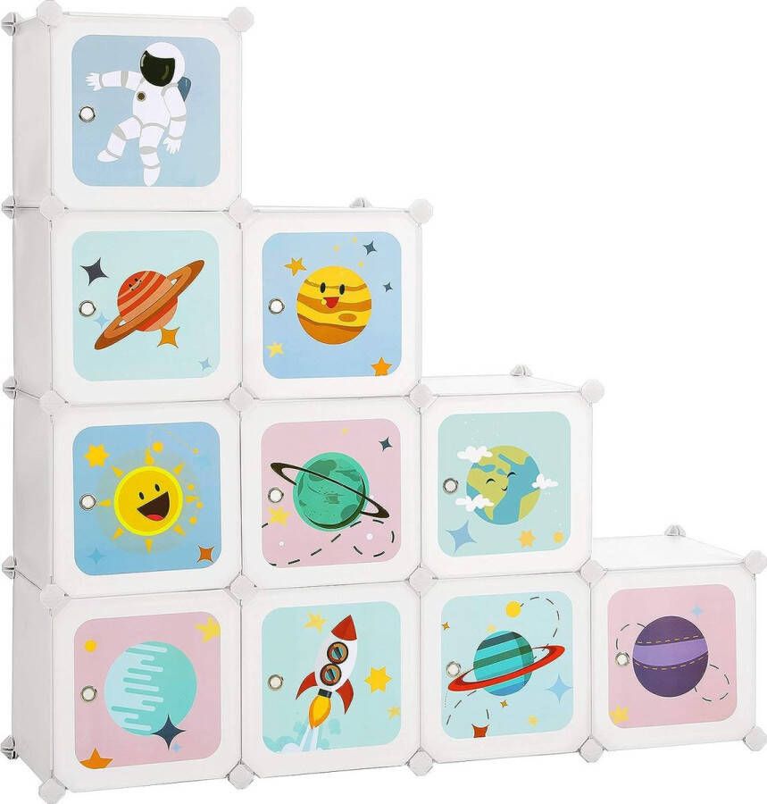 Reksysteem met 10 kubussen opbergkast voor kinderen steekrek schoenenrek van kunststof kledingkast met deuren voor schoenen speelgoed 123 x 31 x 123 cm wit