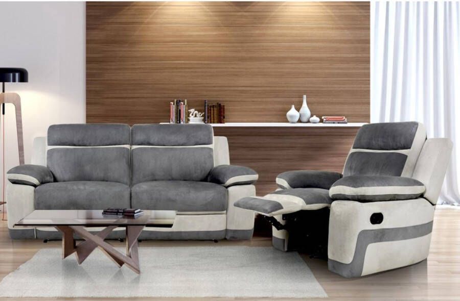Relax driezitsbank + fauteuil van microvezel TALCA Antraciet en licht grijs L 200 cm x H 98 cm x D 96 cm