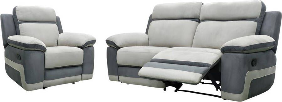 Relax driezitsbank + fauteuil van microvezel TALCA Licht grijs en antraciet L 200 cm x H 98 cm x D 96 cm