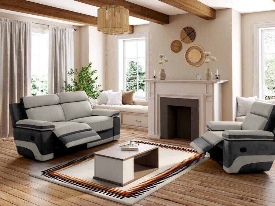 Relax driezitsbank + fauteuil van microvezel TALCA Licht grijs en antraciet L 200 cm x H 98 cm x D 96 cm