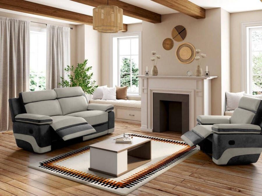 Vente-unique Relax driezitsbank + fauteuil van microvezel TALCA Licht grijs en antraciet L 200 cm x H 98 cm x D 96 cm