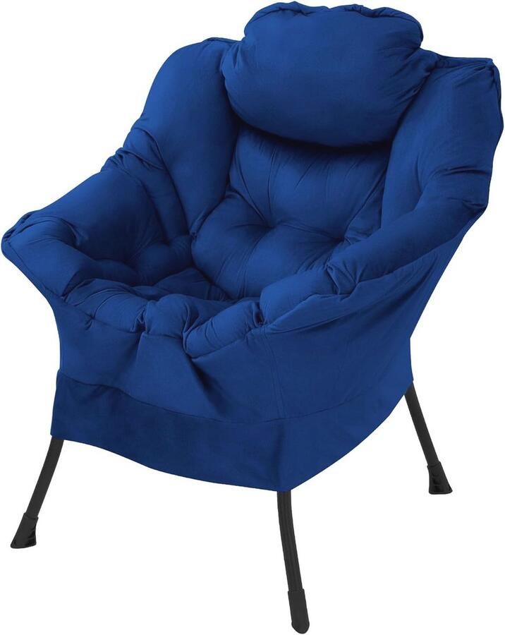 Relax fauteuil donkerblauw voor woonkamer met armleuningen en zijvak ergonomische lounge fauteuil met kussen en stalen frame