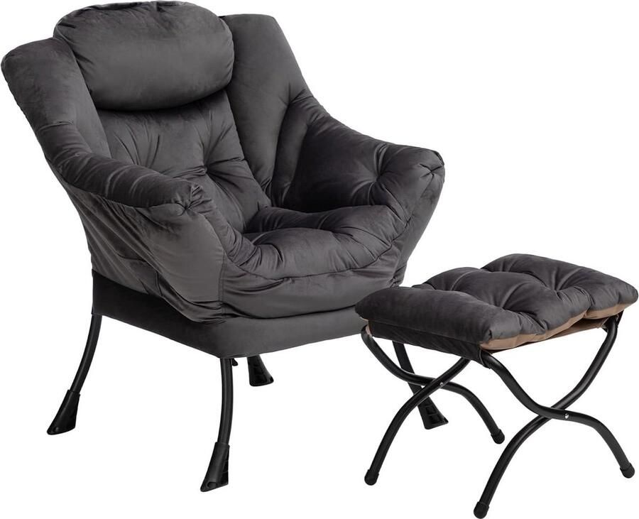 Relax Fauteuil met Voetenbank Woonkamerstoel Slaapkamerstoel Loungestoel met Armleuningen Leesstoel Accentstoel met Stalen Frame Donkergrijs