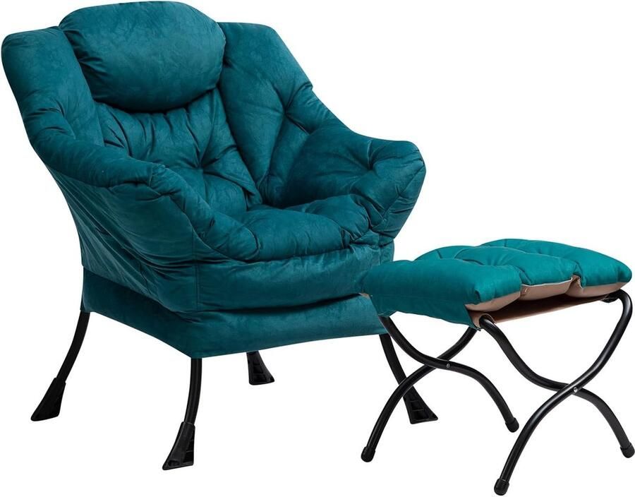 Relax Fauteuil met Voetenbank Woonkamerstoel Slaapkamerstoel Loungestoel met Armleuningen Leesstoel Accentstoel met Stalen Frame Blauwgroen