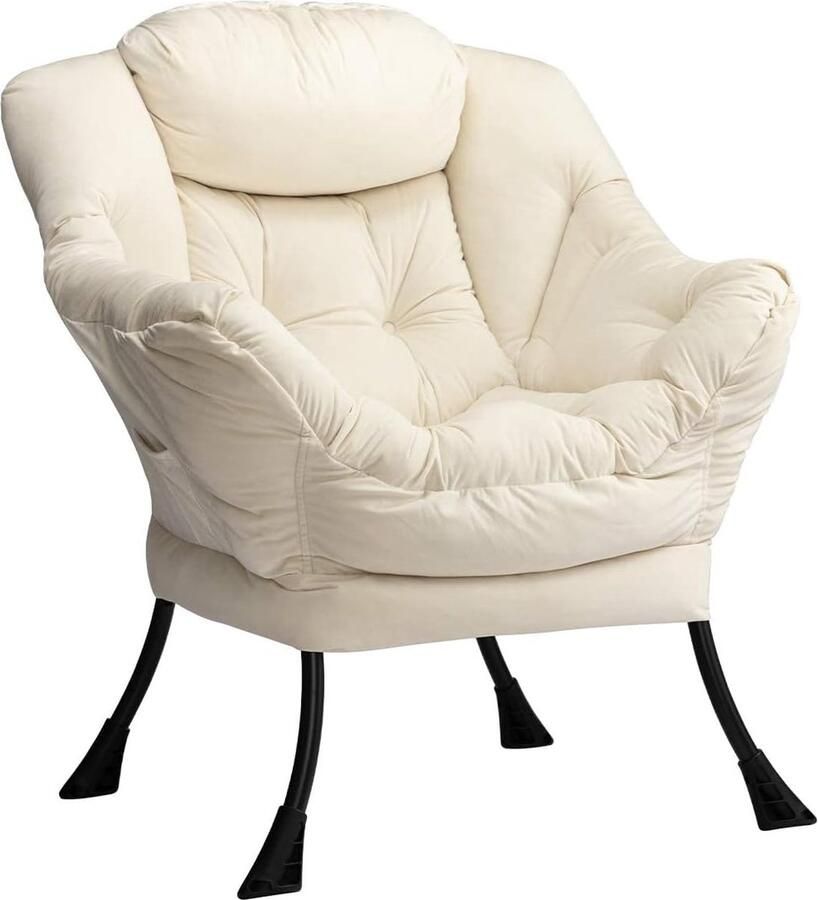 JGS Fauteuil Woonkamer Fluwelen Stof Relaxfauteuil met Stalen Frame Leesstoel Armleuningstoel Wing Chair Relax Lounge Chair met Armleuningen Beige