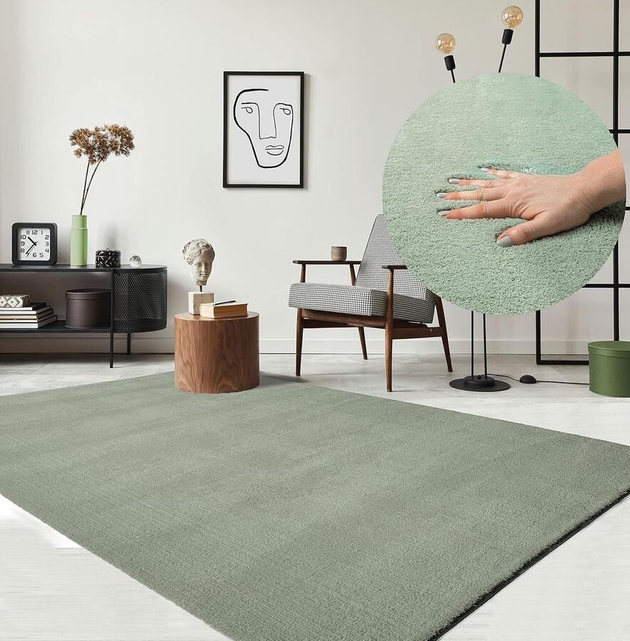 Relax Modern Tapijt 80x150cm Korte Pluizige Pool Groen Vachtlook met Antislip Onderkant Wasbaar 30°C Superzacht Fluffy Vloerkleed Natuurlijke Woonaccent