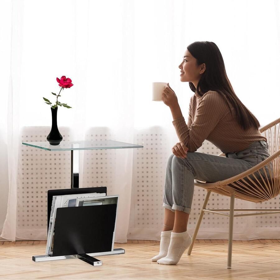 Relaxays bijzettafel met tijdschriftenbak metaal glas salontafel lectuurbak zwart 53 x 46 x 36 cm extra opbergruimte moderne uitstraling lectuurbak