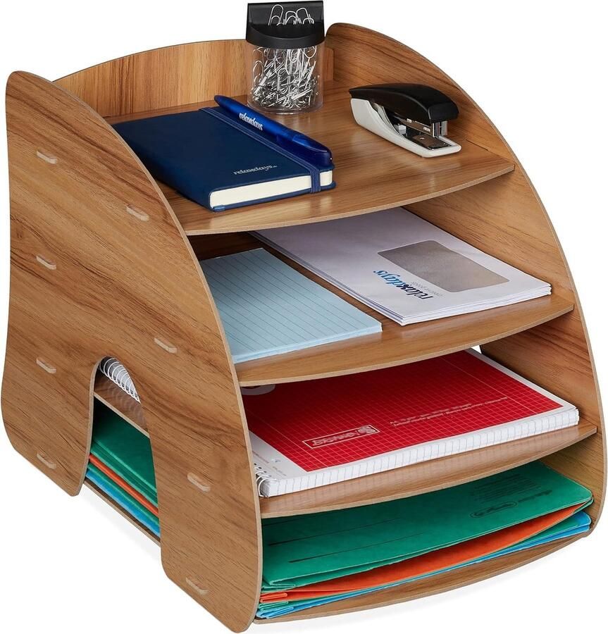 Relaxdays brievenbak bureau organizer A4 4 vakken sorteerbak brieven H x B x D: 27 x 25 5 x 34 5 cm donkerbruin