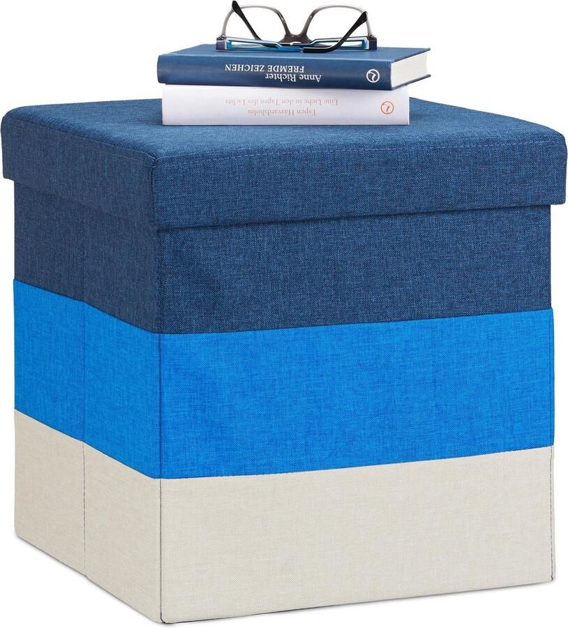 Relaxdays gepolsterde zitkruk met opslagruimte opvouwbaar 38 x 38 x 38 cm gestreept poef blauw-wit A