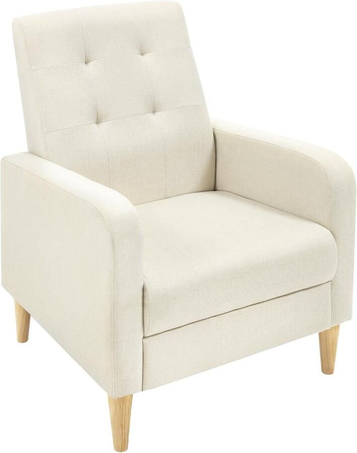 Furnibella -Relaxstoel met Armleuningen – Moderne Getufte Loungestoel met Linnen Hoes en Houten Poten Beige